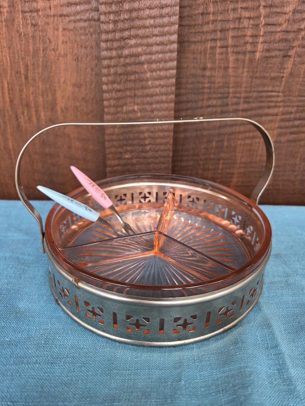 MCM Pink Depression Glass Snack Dish With Caddy